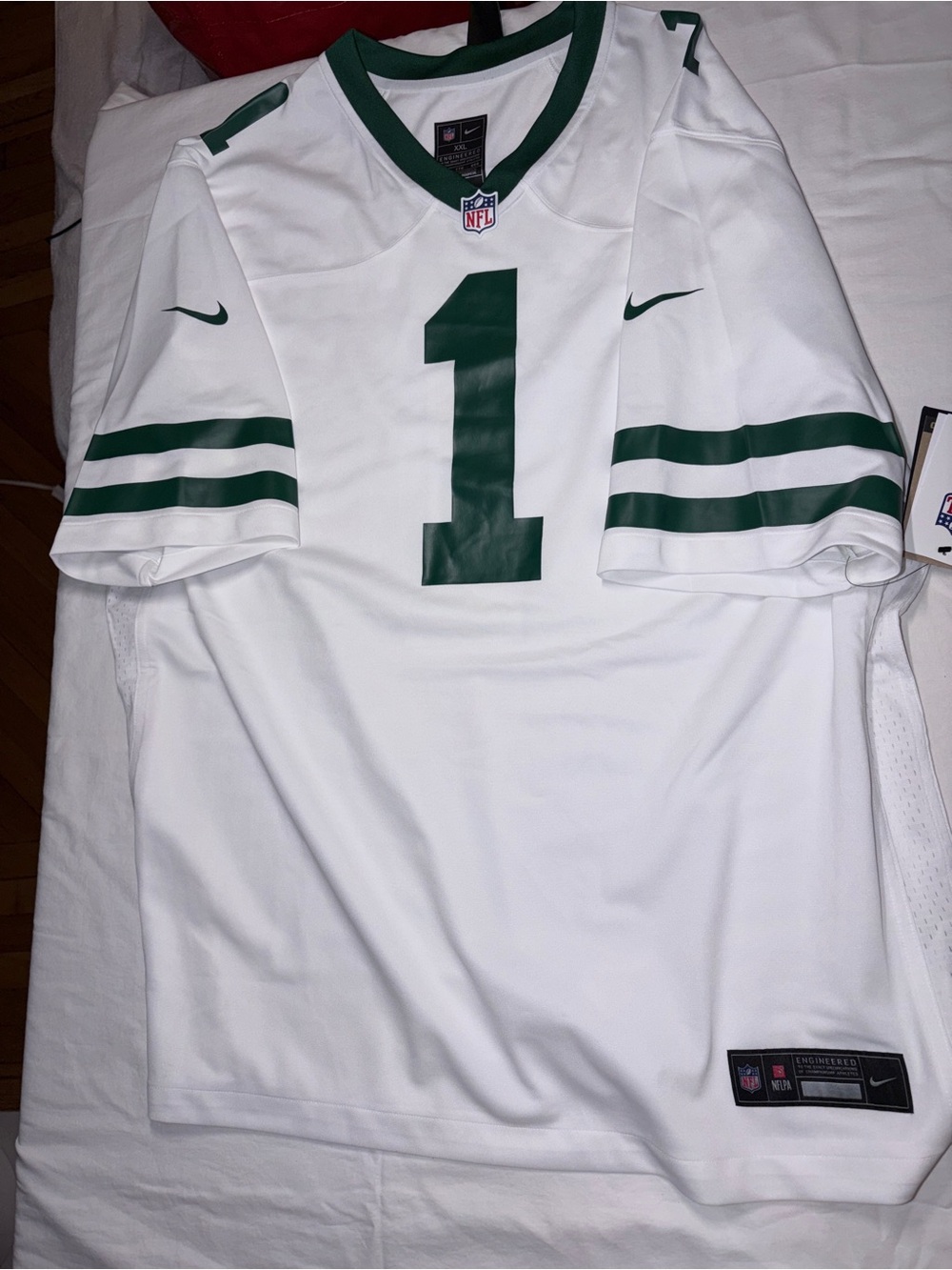 Nike White and Green #1 Football Jersey